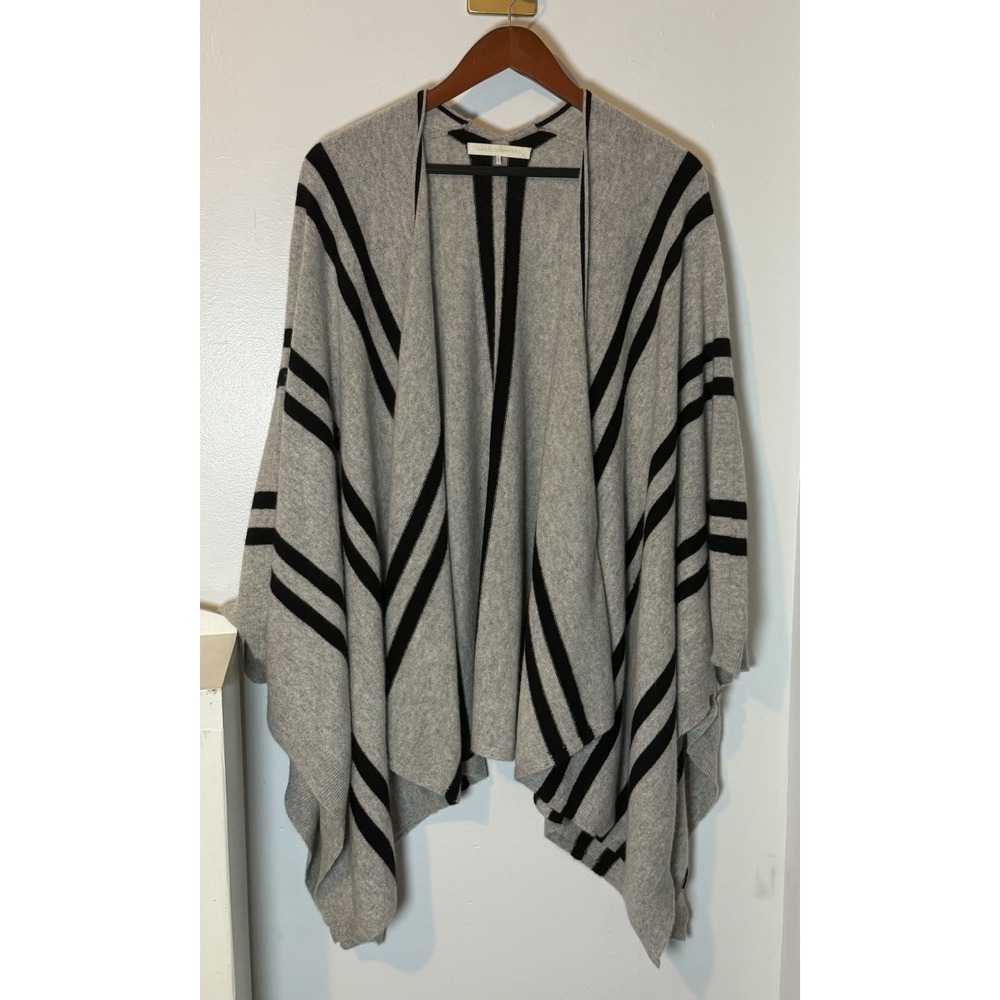NAKED CASHMERE 100% Cashmere Gray Black Stripe Open Front Poncho Wrap One Size